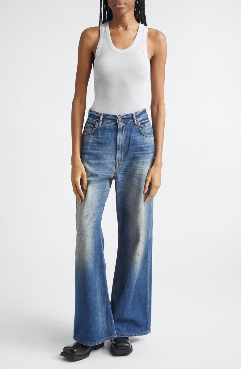 Acne Studios Distressed and Dirtied Regular Fit Wide Leg Jeans, Alternate, color, Mid Blue