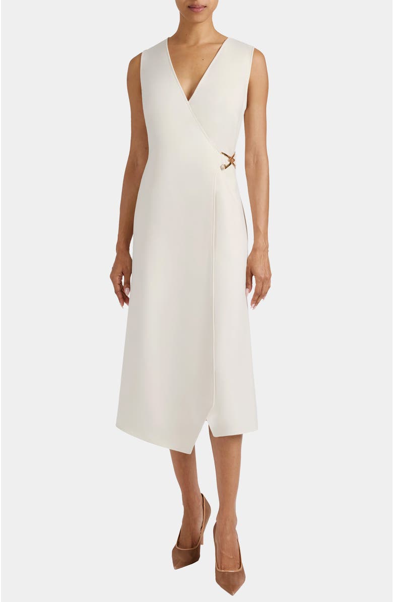 Santorelli Ursa Sleeveless Faux Wrap Dress with Metal Buckle in Stretch Crepe, Main, color, Sandstone