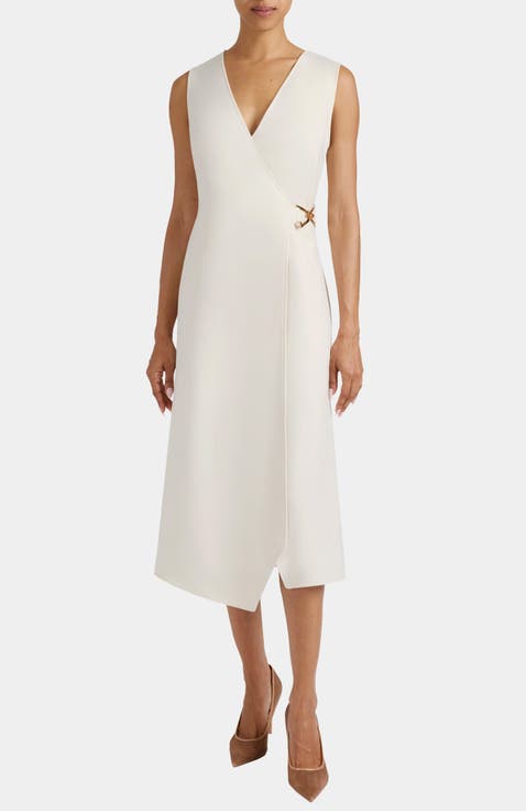 Ursa Sleeveless Faux Wrap Dress with Metal Buckle in Stretch Crepe