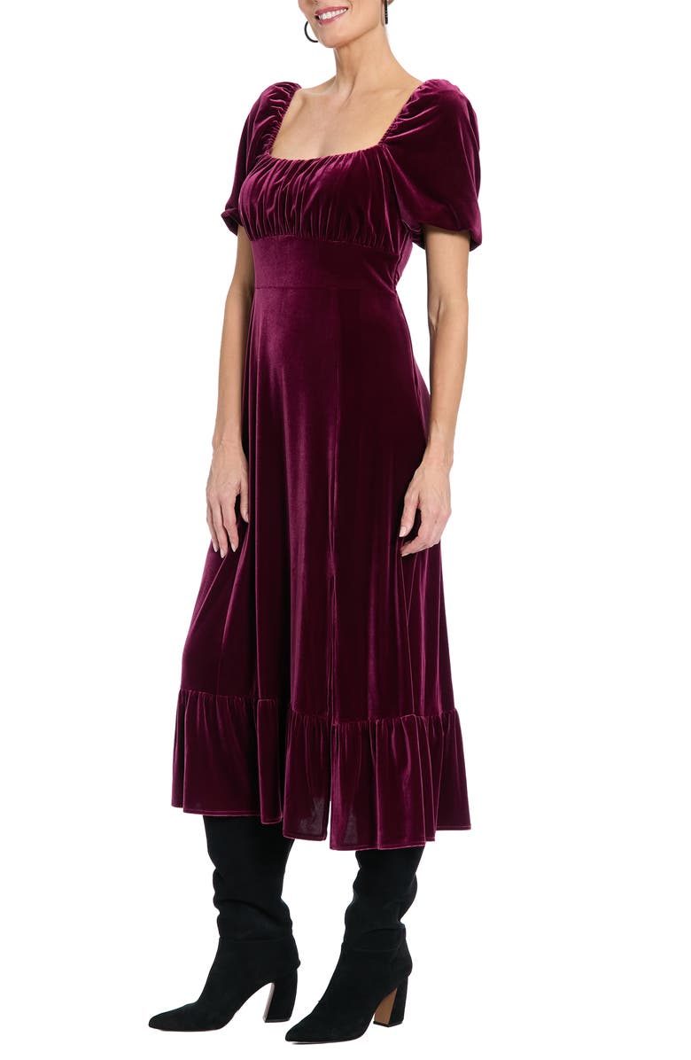 London Times Square Neck Puff Sleeve Empire Waist Dress, Alternate, color, Port