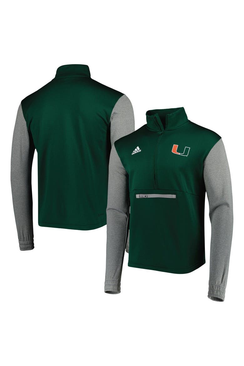 Men's adidas Green/Heathered Gray Miami Hurricanes Team AEROREADY Half-Zip Top, Main, color, Green
