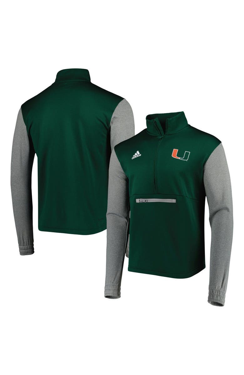 adidas Men's adidas Green/Heathered Gray Miami Hurricanes Team AEROREADY Half-Zip Top, Main, color, Green