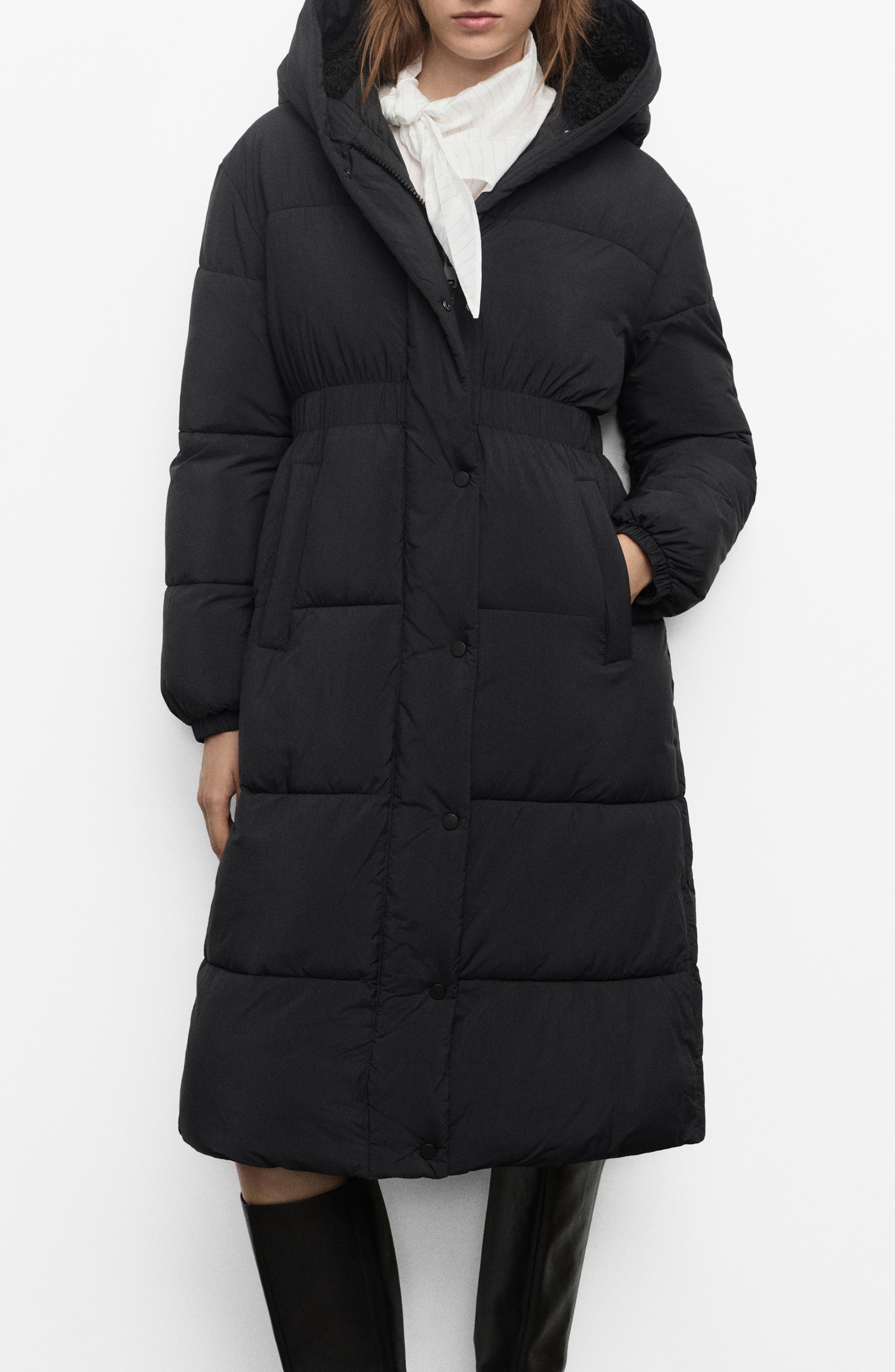 MANGO Quilted Hooded Coat with Faux Shearling Trim