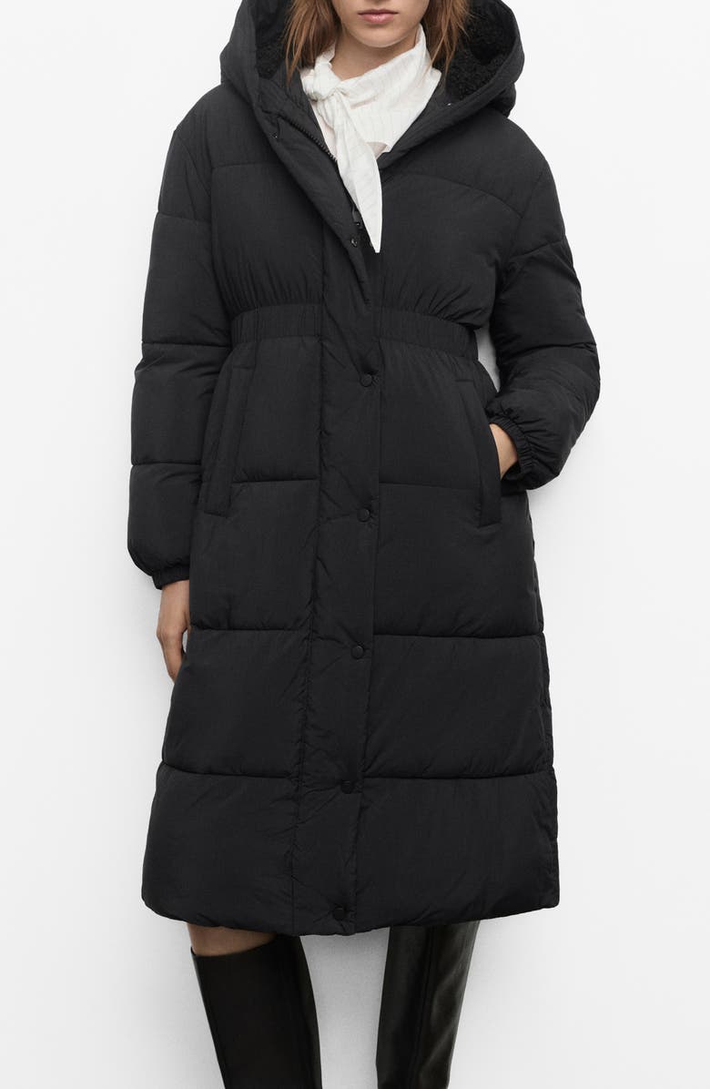 MANGO Quilted Hooded Coat with Faux Shearling Trim, Main, color, Black