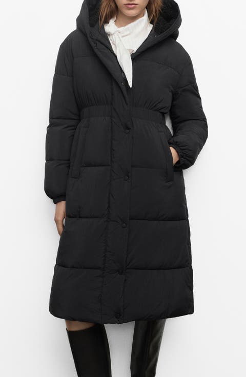 Quilted Hooded Coat with Faux Shearling Trim
