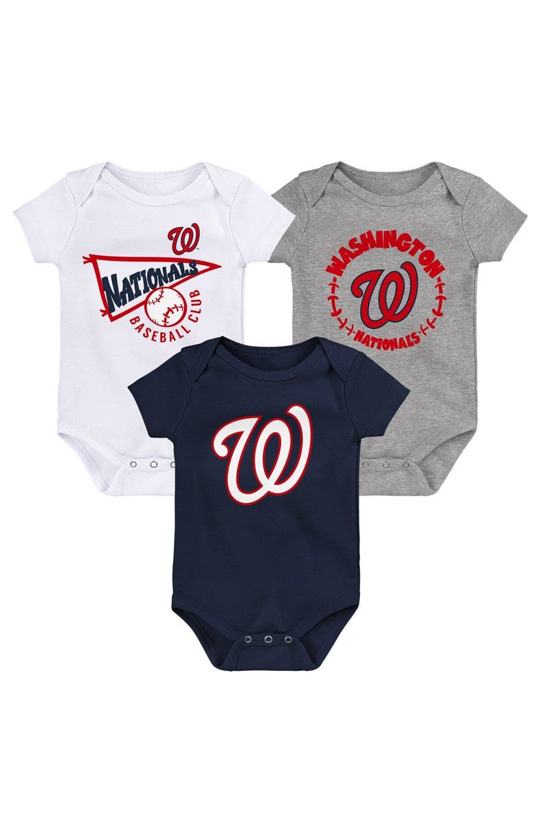 Outerstuff Infant Navy/White/Heather Gray Washington Nationals Biggest Little Fan 3-Pack Bodysuit Set, Main, color, Navy