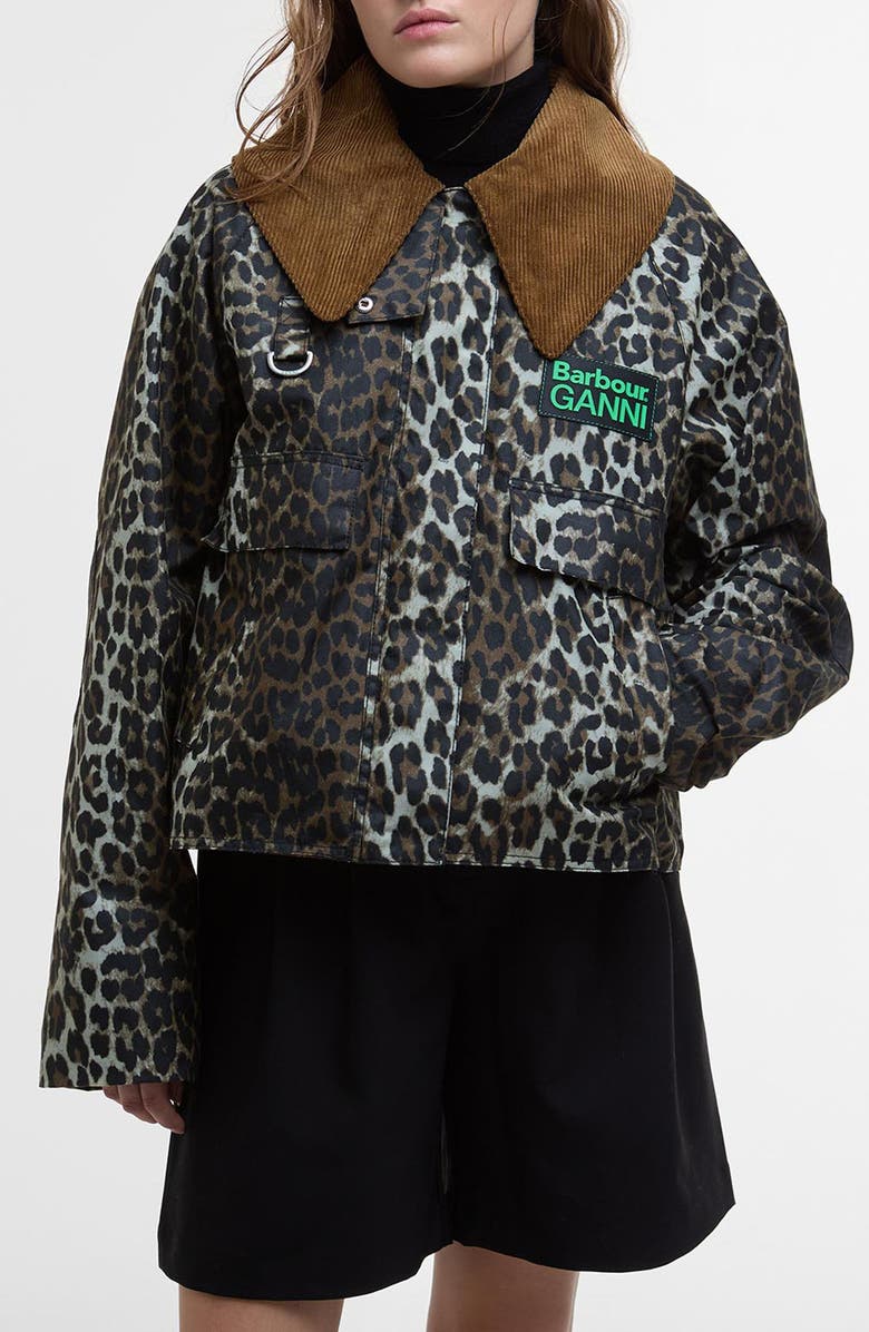 Barbour x Ganni Leopard Print Waxed Cotton Jacket, Main, color, 