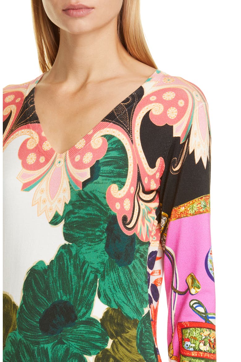 Floral Print Silk Blend Sweater, Alternate, color, GREEN