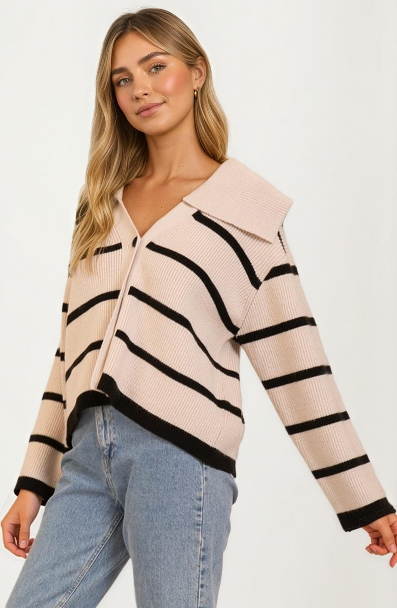 Knit and Lounge Striped Knit Wide Collar Contrast Trim Cardigan, Alternate, color, 