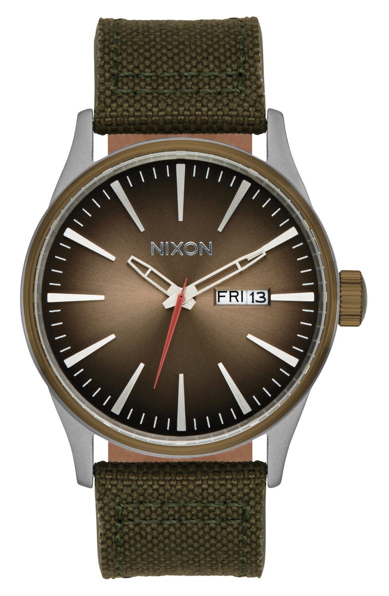 Nixon The Sentry Nylon Strap Watch, 42mm, Main, color, Silver / Lt Brown / Asphalt