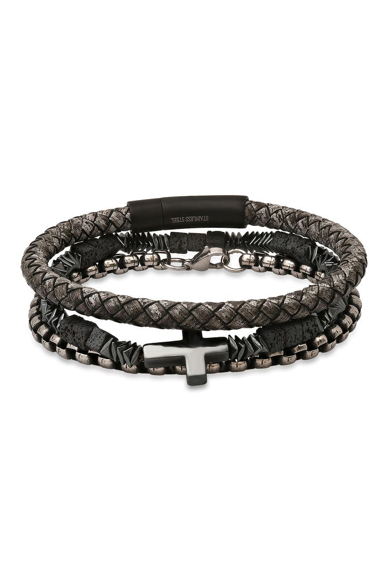 Mens' Mixed Bracelets Set of 3, Main, color, BROWN/ GUNMETAL/ SILVER
