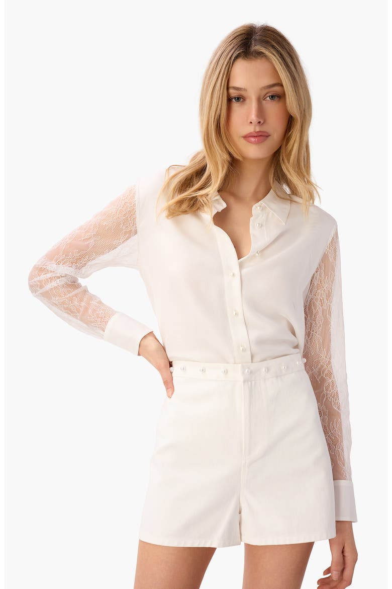 Chelsey Lace Sleeve Silk Chiffon Button-Up Shirt, Alternate, color, WHITE