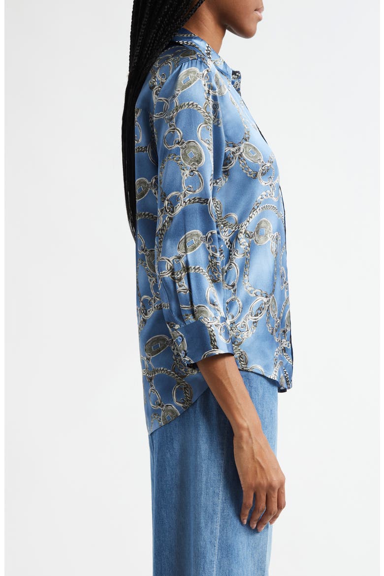 Dani Chain Print Silk Button-Up Shirt, Alternate, color, BLUE HORIZON/ SILVER GOOD LUCK