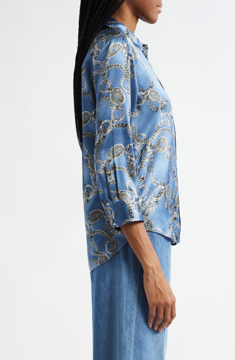 L'AGENCE Dani Chain Print Silk Button-Up Shirt, Alternate, color, Blue Horizon/ Silver Good Luck