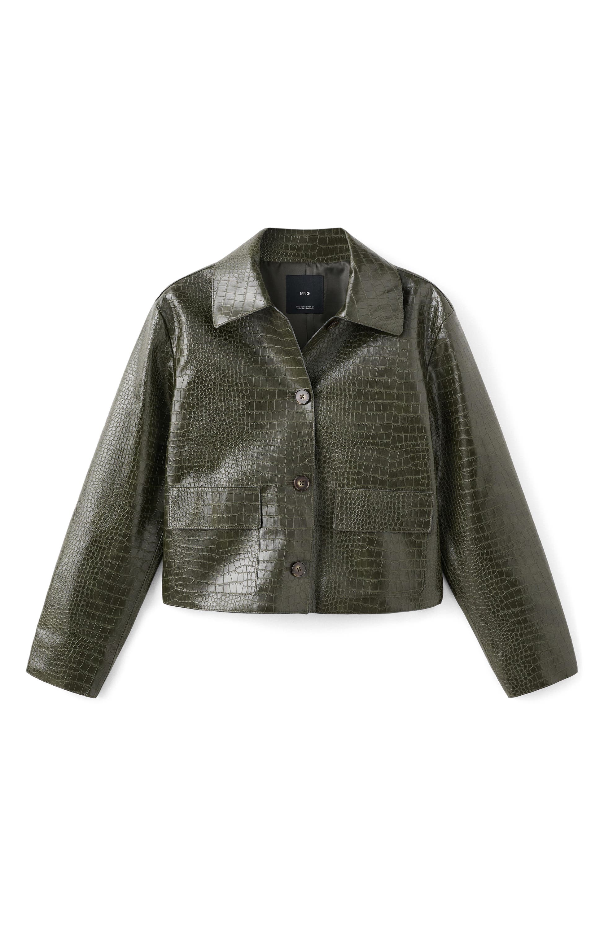 MANGO Nilo Croc Embossed Faux Leather Jacket, Alternate, color, Khaki Green