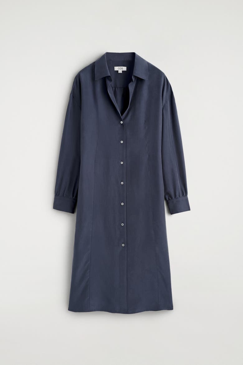 Gathered Washed-Silk Midi Shirt Dress, Alternate, color, NAVY
