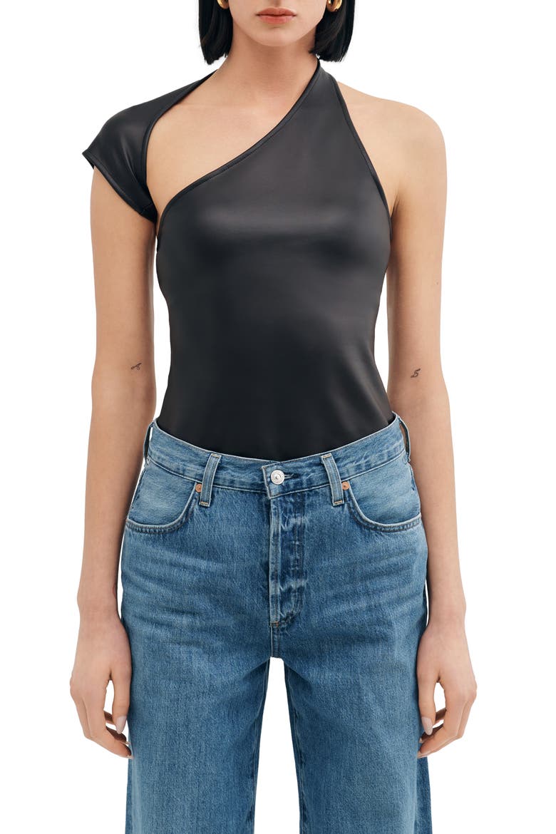 Milan One Shoulder Faux Leather Top, Main, color, BLACK
