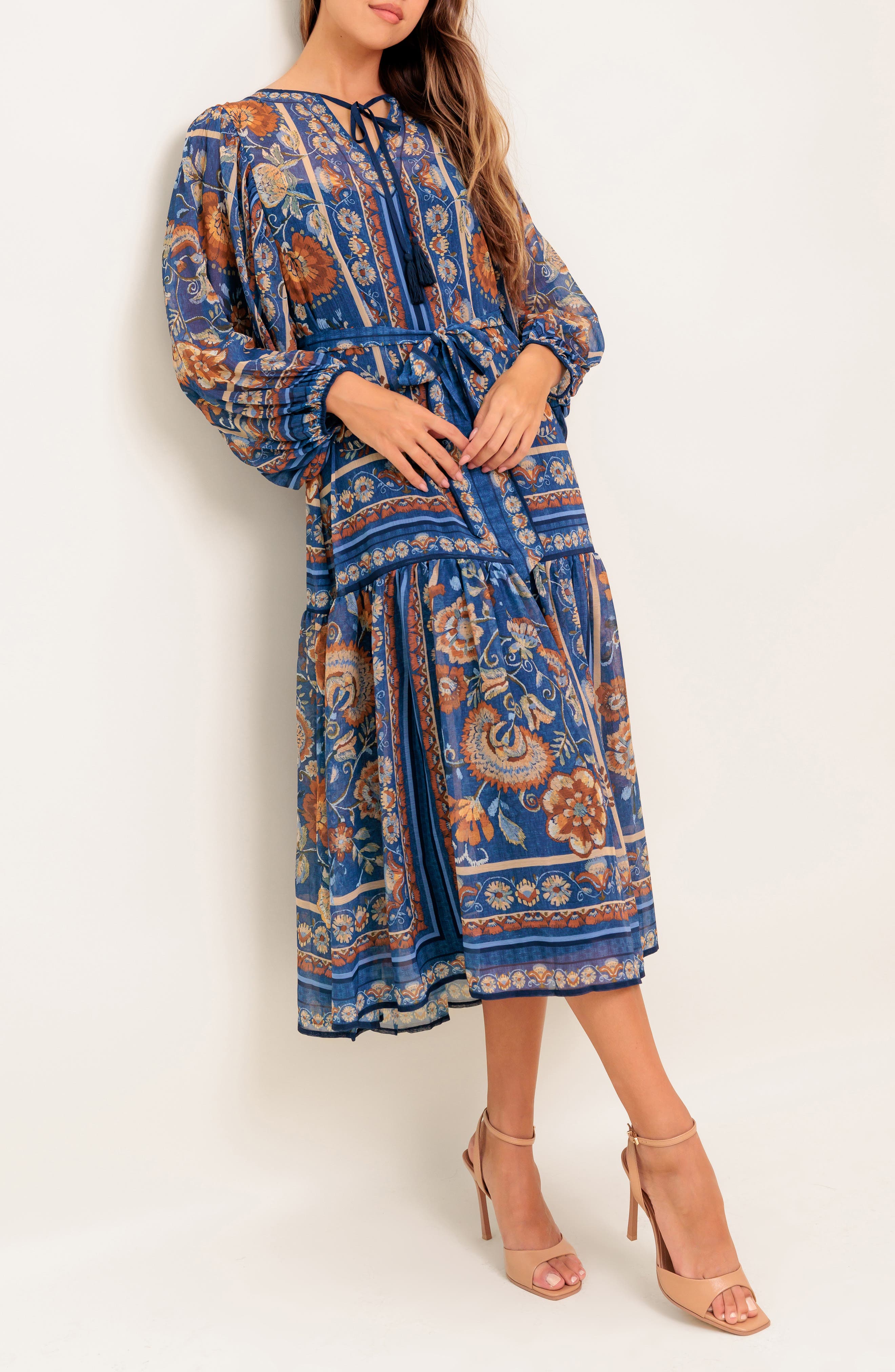 Split Neck Long Sleeve Midi Dress