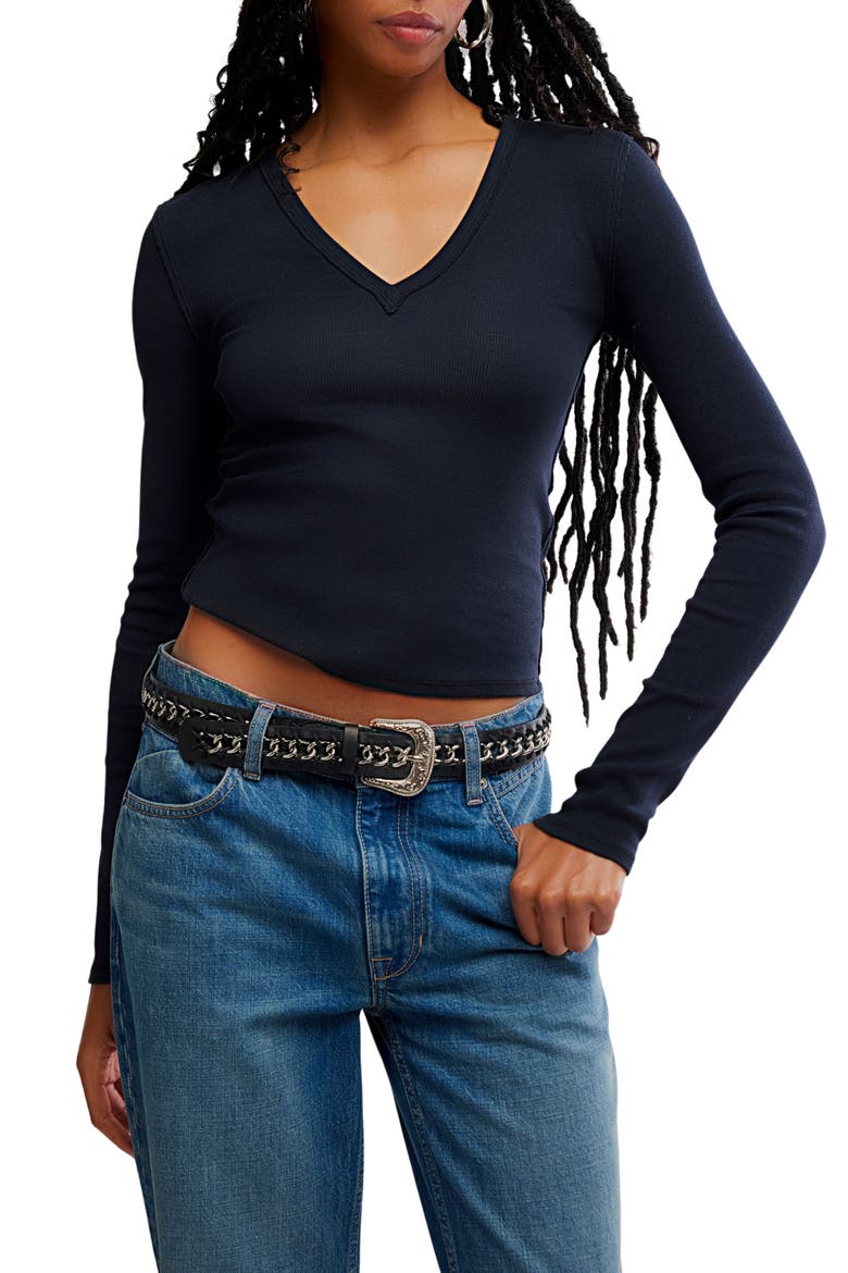 Neria Long Sleeve Stretch Cotton Crop Top, Main, color, BLACK