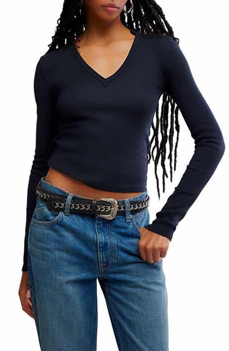 Free People Neria Long Sleeve Stretch Cotton Crop Top