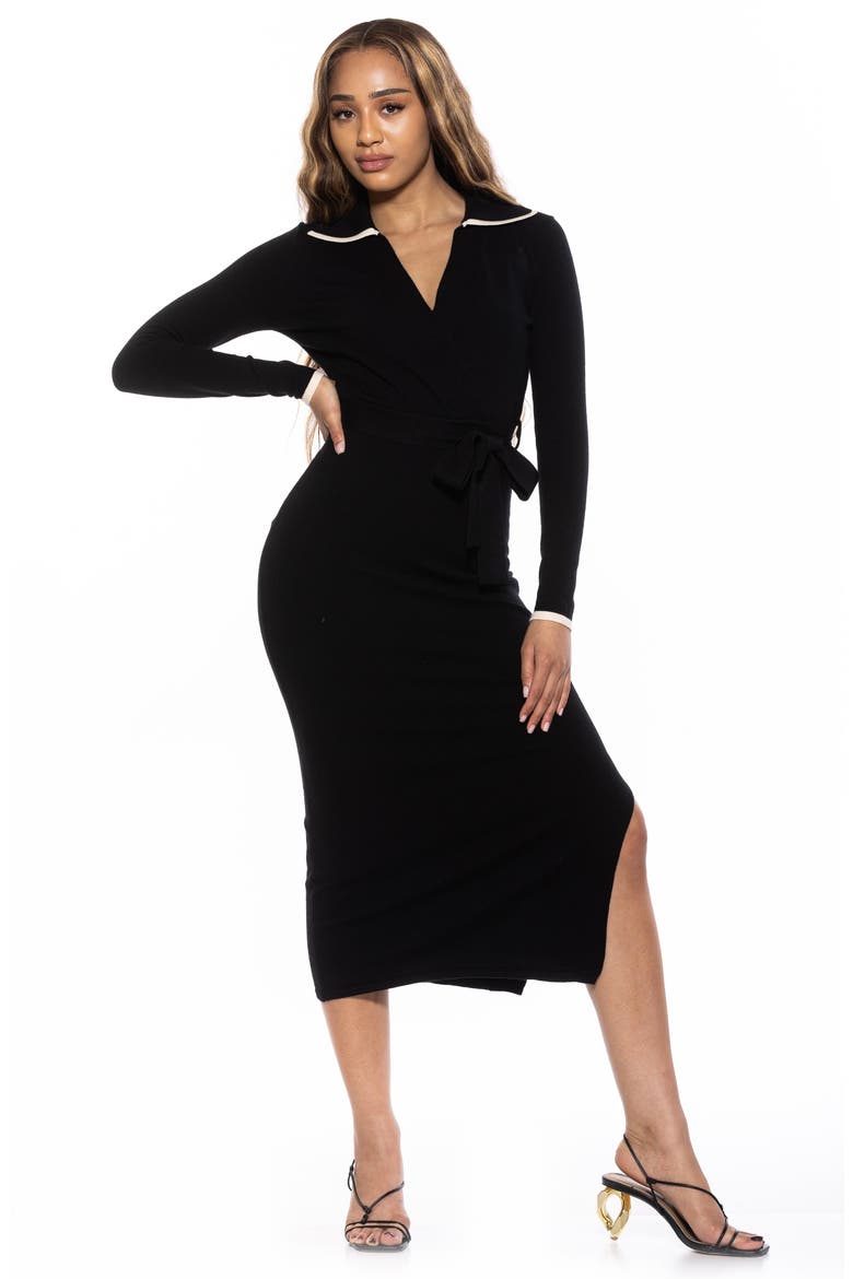 Tatiana Johnny Collar Knit Midi Dress, Alternate, color, BLACK