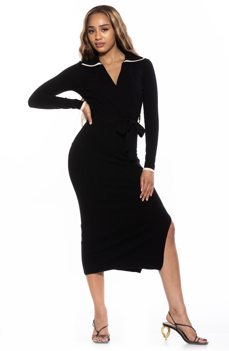 Alexia Admor Tatiana Johnny Collar Knit Midi Dress, Alternate, color, Black