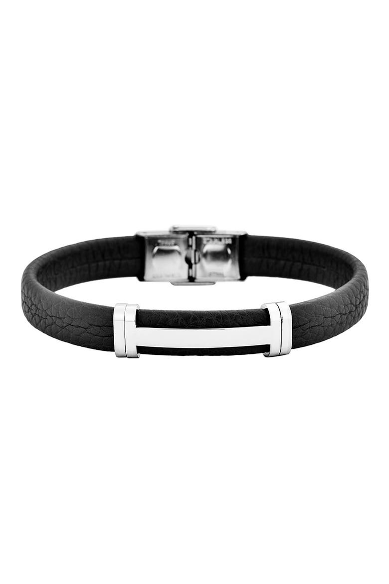 Men's Stainless Steel Cutout ID Leather Bracelet, Main, color, BLACK