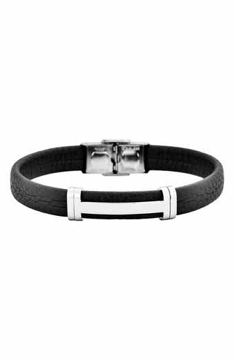 GEOFFREY BEENE Men's Stainless Steel Cutout ID Leather Bracelet