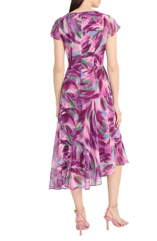 Maggy London Abstract Print Asymmetric Chiffon Midi Dress In Perri/purple