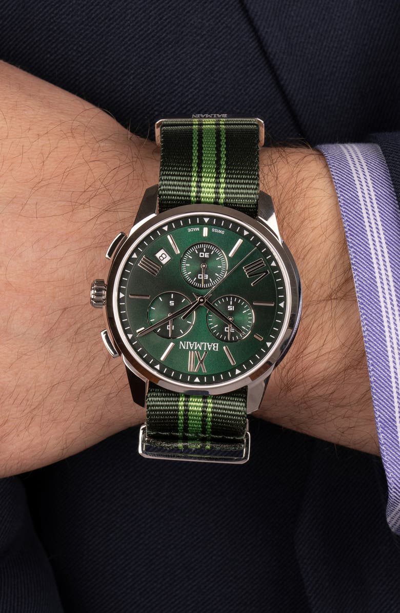 BALMAIN WATCHES Madrigal Chronograph Fabric Strap Watch, 42mm, Alternate, color, Green Nato
