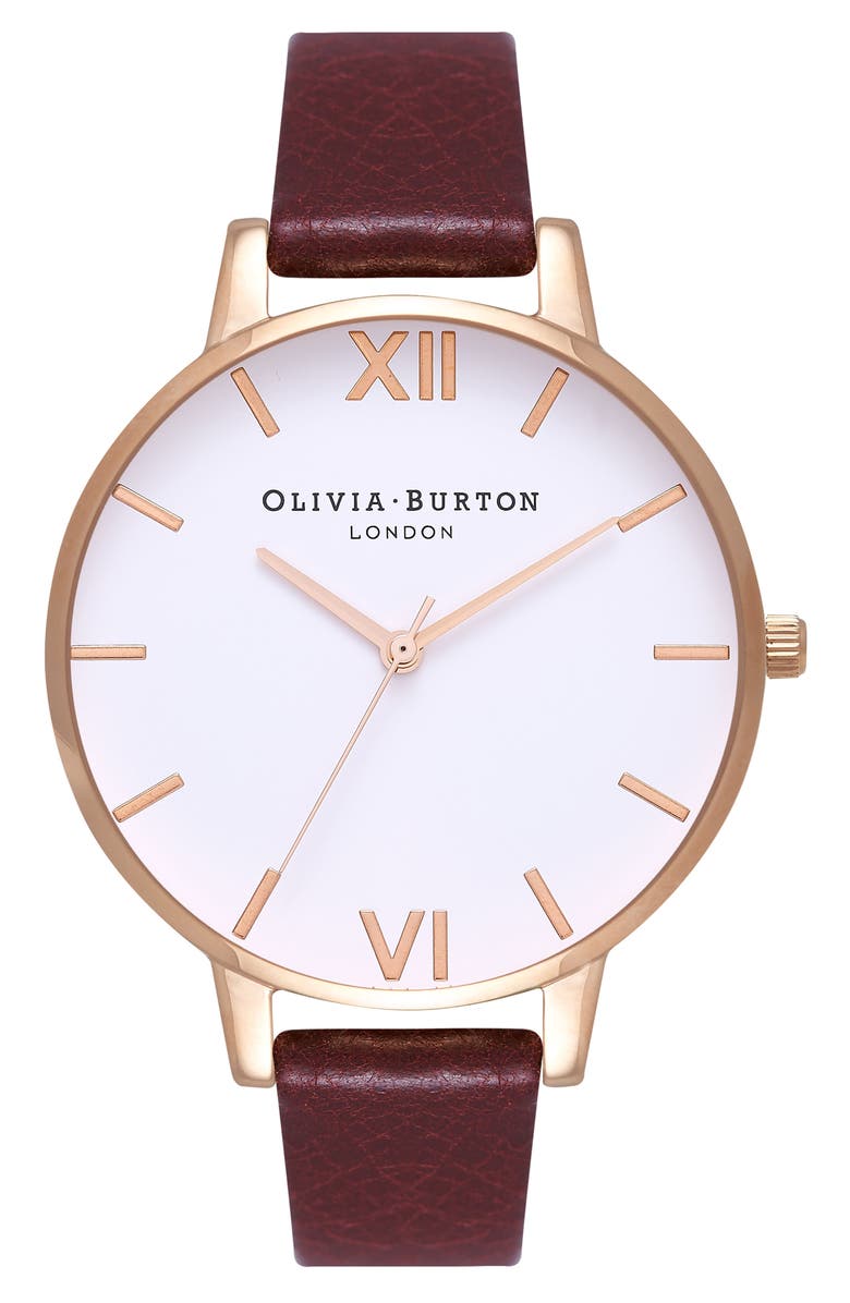Olivia Burton Big Dial Leather Strap Watch, 38mm, Main, color,