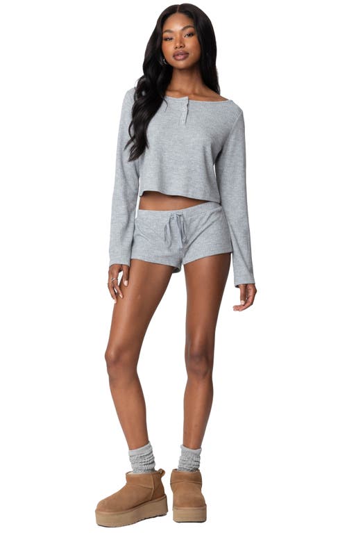 Shop Edikted Teddy Waffle Knit Crop Henley In Gray-melange