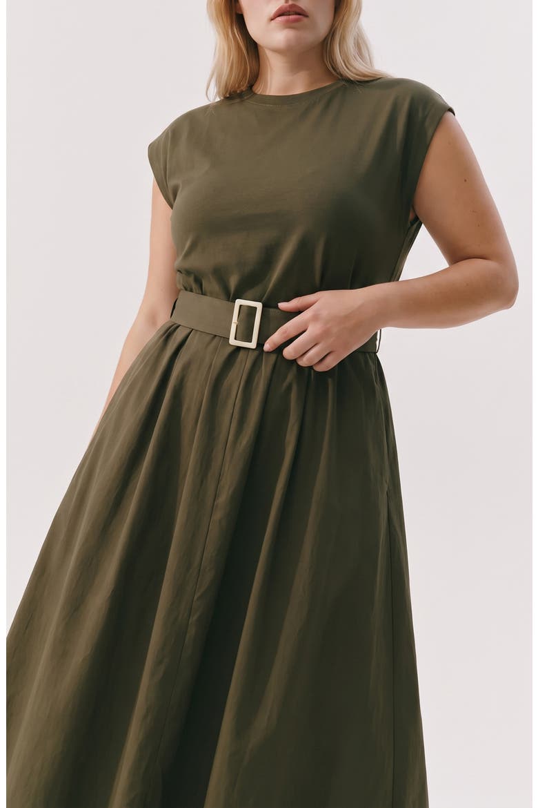 Mixed Media Belted Fit & Flare Dress, Alternate, color, FOREST NIGHT