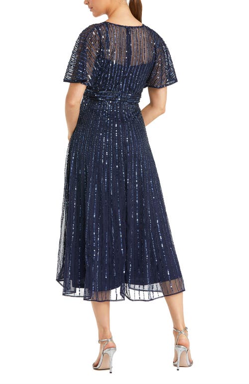 Mac Duggal Empire Waist Embellished Short Sleeve Dress In Blue