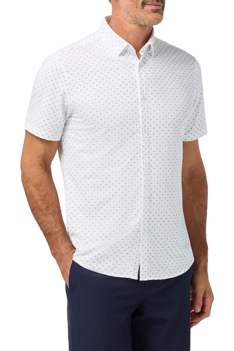 Halyard Trim Fit White Tossed Triangle Short Sleeve Performance Button-Up Shirt, Main, color, WHITE TOSSED TRIANGLE