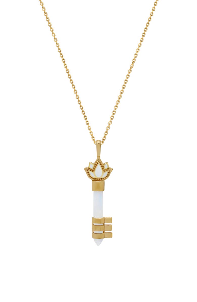 Karma and Luck Spiritual Awakening Rainbow Moonstone Key & Lotus Gold Necklace, Main, color, Gold/White