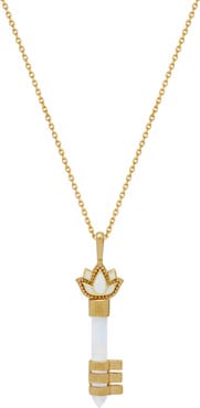 Karma and Luck Spiritual Awakening Rainbow Moonstone Key & Lotus Gold Necklace