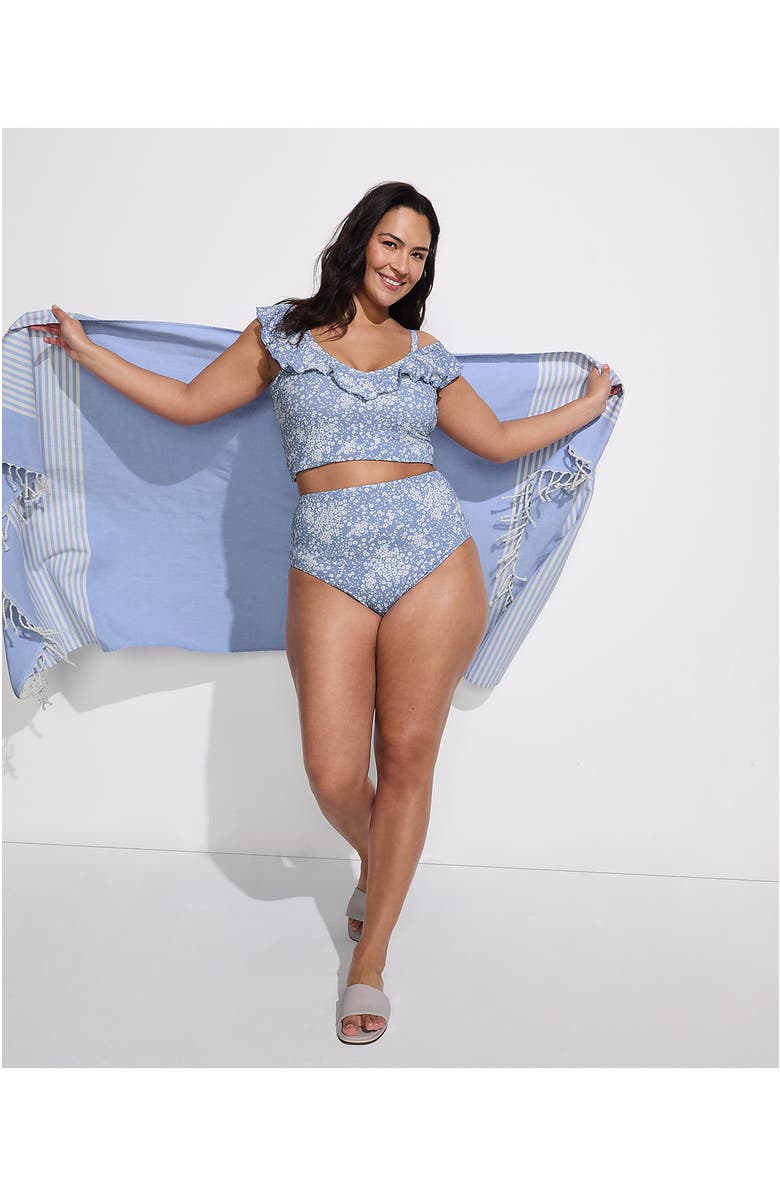 Lands' End Plus Size Pique Ruffle Tankini Top and High Waisted Bottom Swimsuit Set, Alternate, color, Dusk Sky Meadow Ditsy Floral