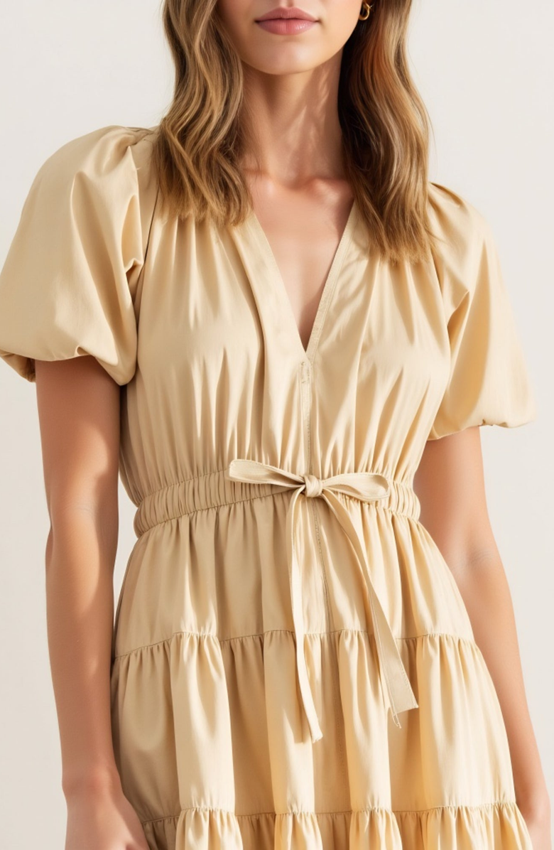 Modenaire Tiered Puff-Sleeve Tie-Waist A-Line Midi Dress, Alternate, color, Beige