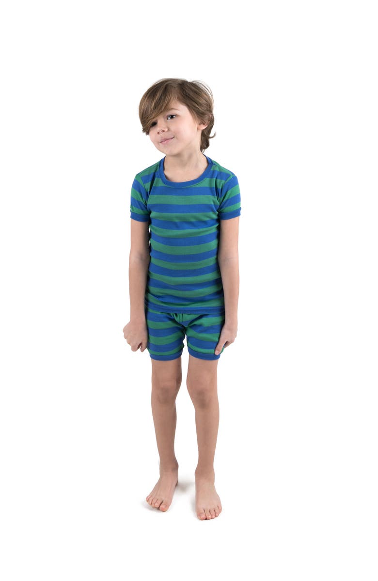 Leveret Kids Cotton Two-Piece Short Pajamas, Stripes & Solids, Alternate, color, Striped Blue & Green
