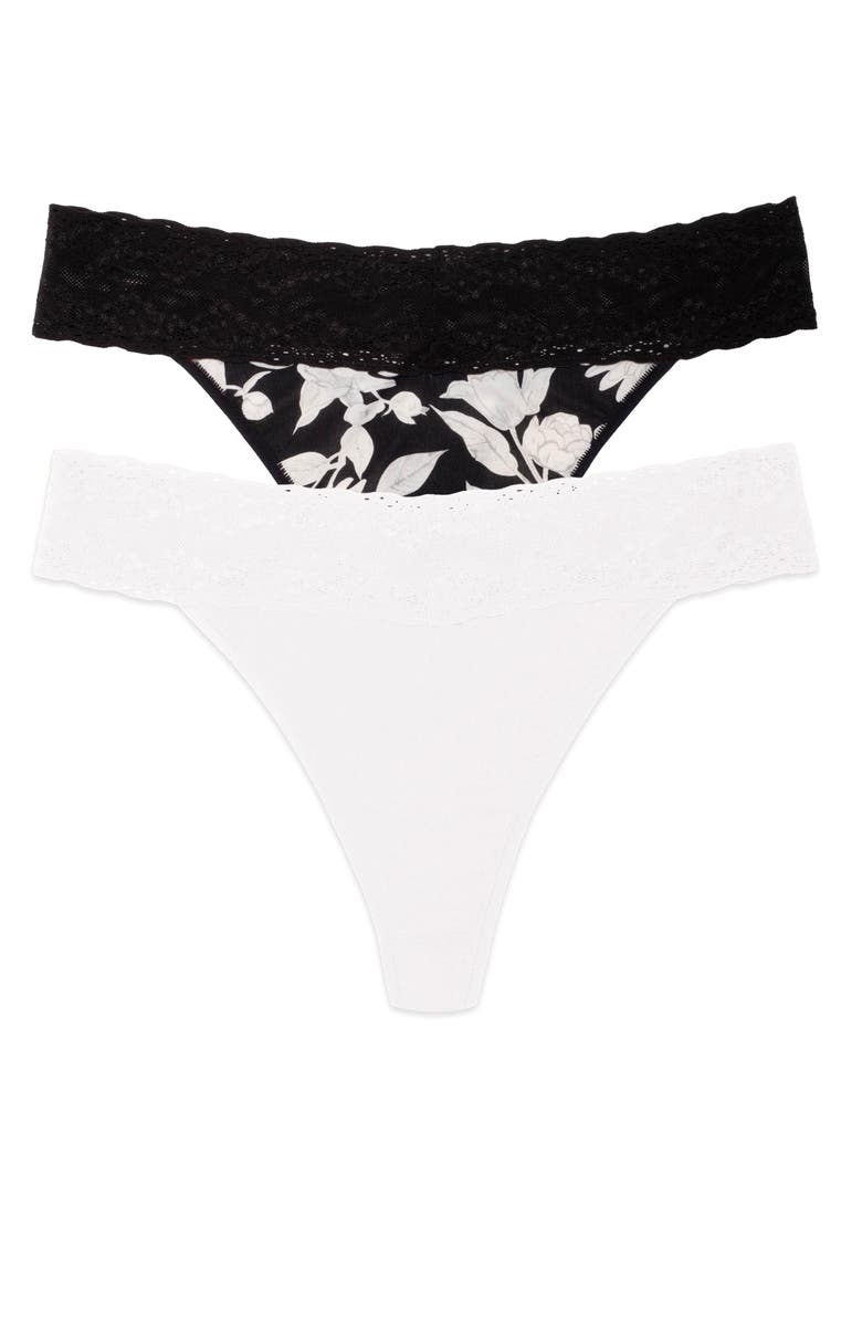 Natori Bliss Perfection One Size Thong 2-Pack, Main, color, Coconut/Black Garden Rose Prnt