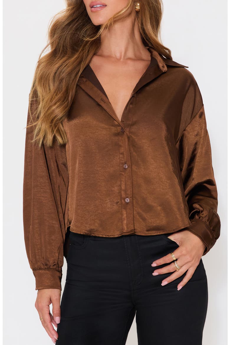 Chestnut Satin Button-Up Shirt, Alternate, color, DARK BROWN