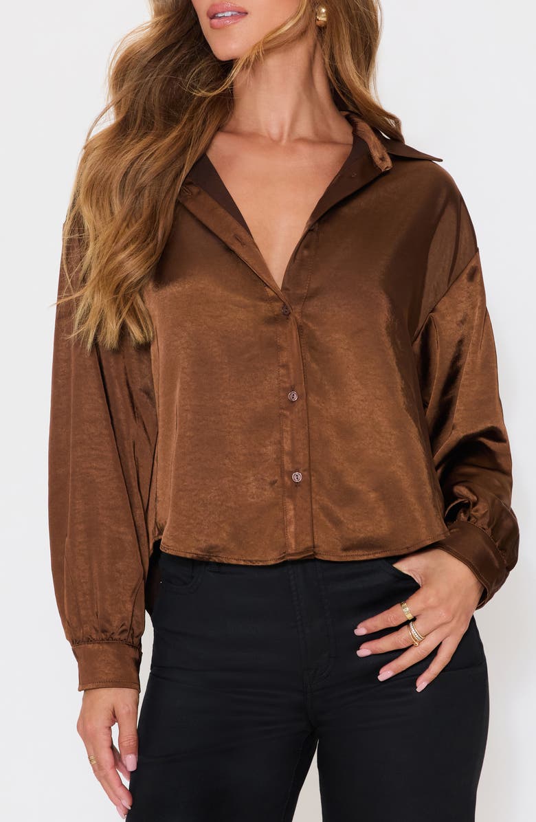 VICI Collection Chestnut Satin Button-Up Shirt, Alternate, color, Dark Brown