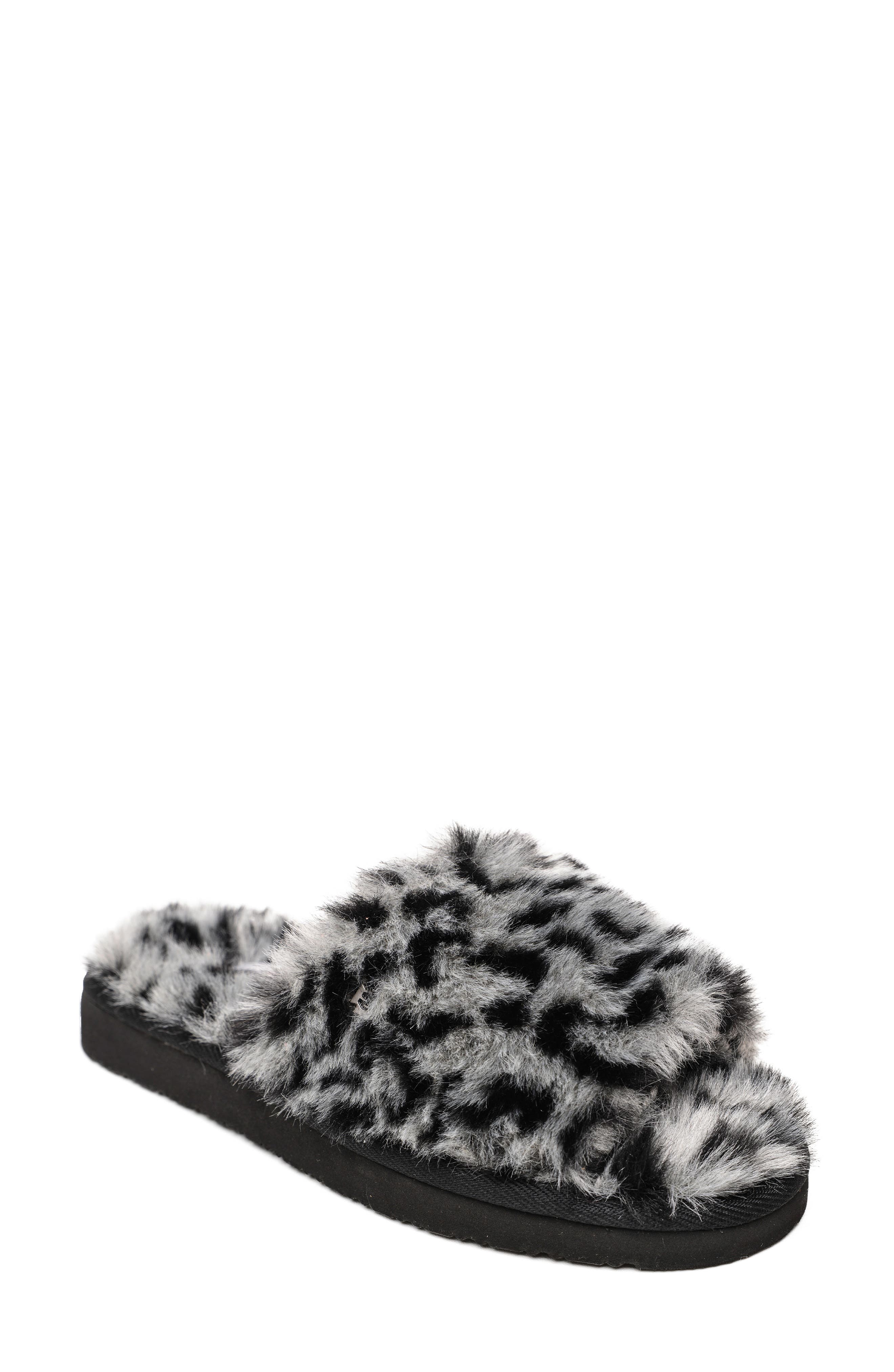 Minnetonka Faux Fur Slide Slipper, Main, color, Grey Leopard Print