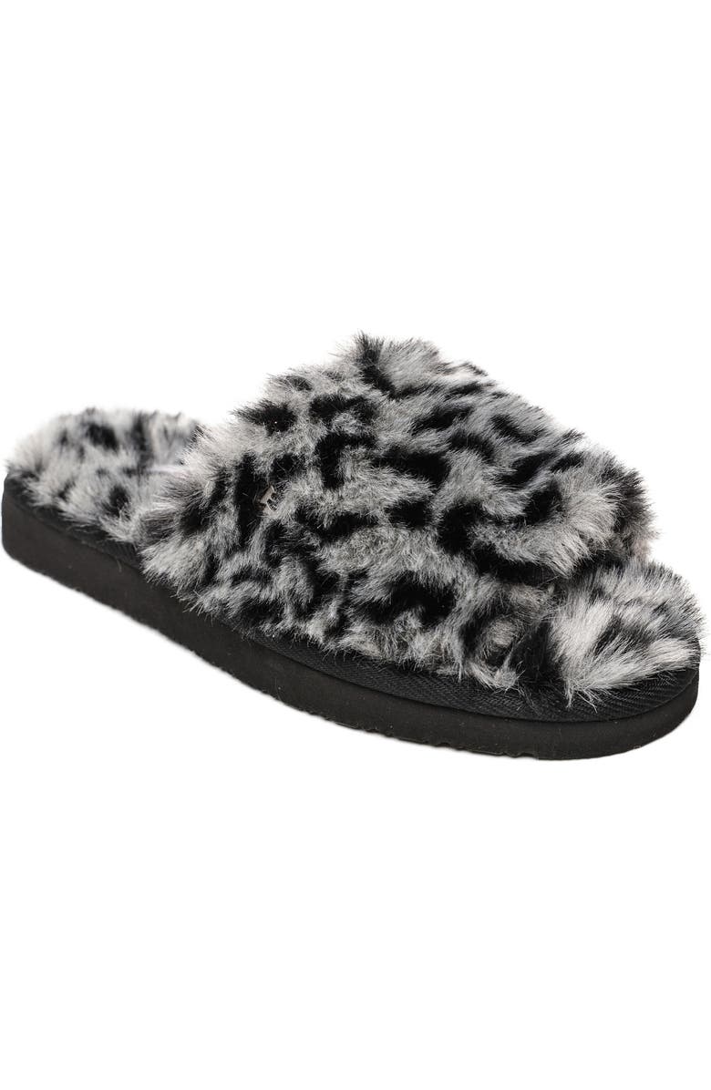 Minnetonka Faux Fur Slide Slipper, Main, color, Grey Leopard Print