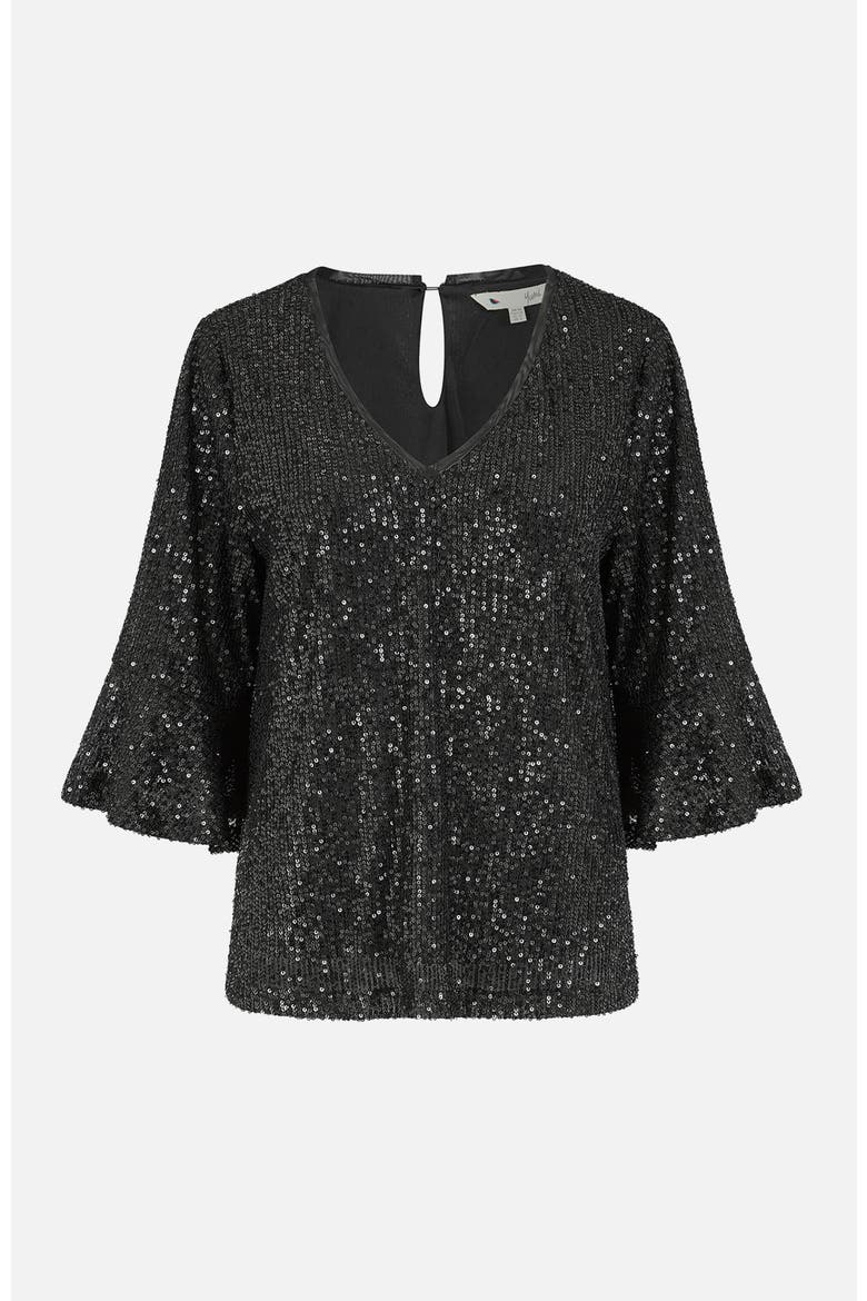 Sequin V-Neck Fluted Sleeve Top, Alternate, color, Black