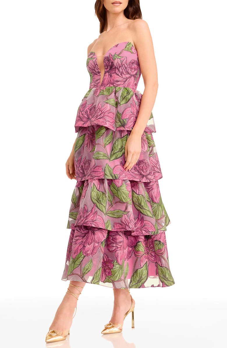Dress the Population Savannah Floral Strapless Tiered Gown, Alternate, color, Bright Fuchsia Multi