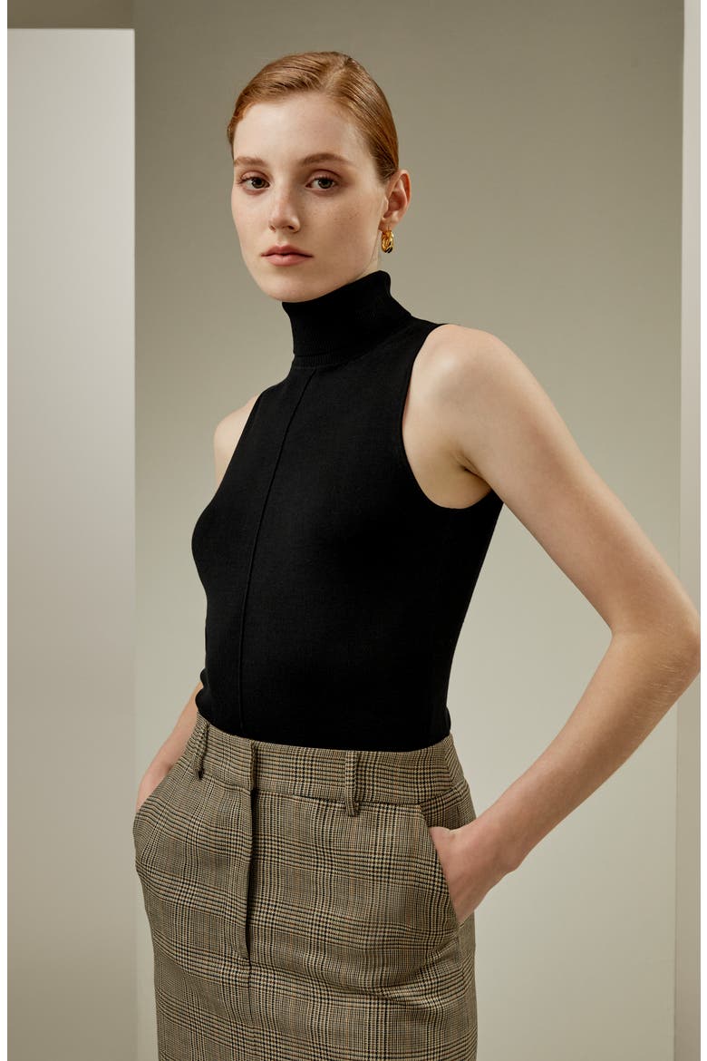 Women's Silk Knitted Turtleneck Sleeveless Top, Alternate, color, Black