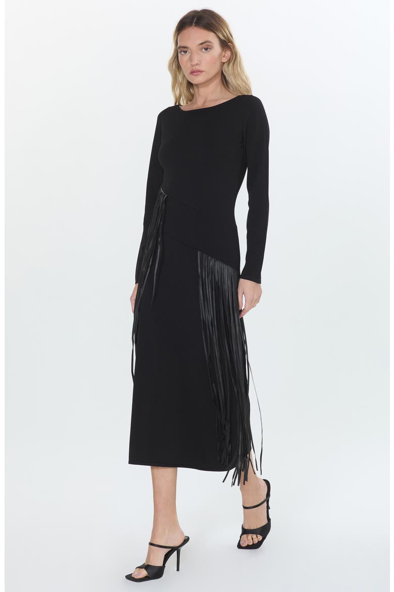 Jessica Fringe Long Sleeve Midi Dress, Alternate, color, BLACK