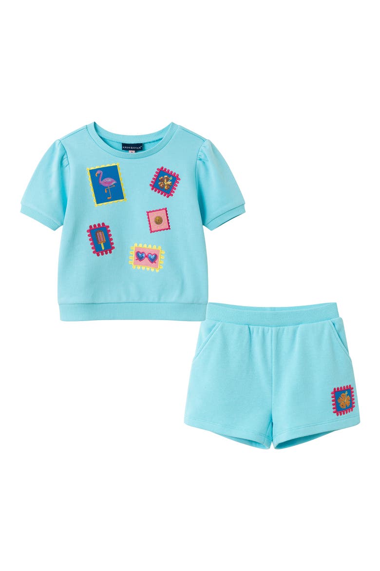 Kids' French Terry Graphic Top & Shorts Set, Main, color, AQUA VACATION